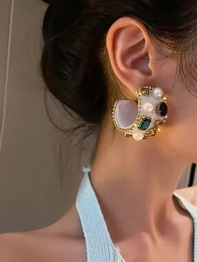 Gold- WHITE Tone Beaded Hoop Earrings with White and GOLD Panels